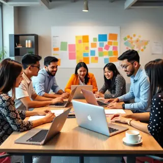  A creative workspace featuring a diverse team of individuals collaborating over strategies for social media content creation. Laptops open, colorful charts on the wall, and coffee cups scattered around, emphasizing teamwork and creativity in a modern office setting.