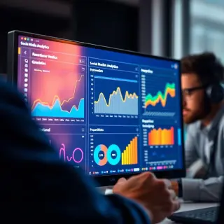 A close-up of a computer screen displaying vibrant social media analytics dashboards with graphs and key performance metrics. In the background, a focused social media manager is analyzing the data, highlighting an environment of strategy and precision in decision-making.