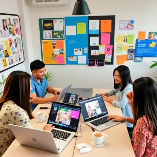 A creative workspace showing a diverse group of individuals collaborating on social media content, with laptops open displaying graphics and editing software, surrounded by colorful mood boards and cups of coffee, illustrating a collaborative atmosphere.