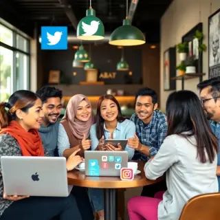 A diverse group of people gathered in a cozy, modern coffee shop, actively engaging in conversation, with laptops open showcasing social media platforms. The scene represents community building and engagement, with various social media icons subtly integrated into the decor.