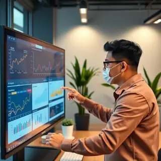 A focused male social media manager examining performance analytics on a large screen in a modern office, with graphs and KPIs visible; the room has a sleek design with motivational quotes on the walls and plants for a fresh look.