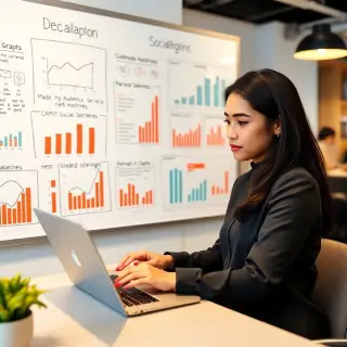 A professional female social media manager analyzing data on a laptop in an office, surrounded by charts and graphs on a whiteboard, indicating audience demographics and strategies, with a focused expression and a trendy office environment.
