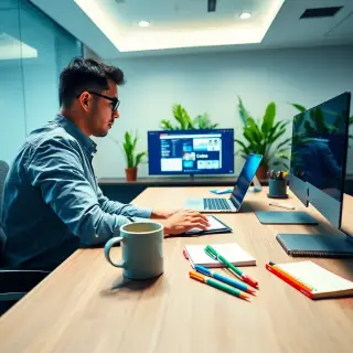 A professional social media manager at a sleek, modern desk surrounded by digital devices, planning content on a large screen. The scene is brightly lit with soft diffused lighting, creating a vibrant and inspiring atmosphere. The color palette includes blues and greens, conveying trust and creativity. The camera angle is slightly above eye level, giving a clear view of the manager's focused expression and the digital graphics on the screen. The desk has textures of smooth wood and metallic elements, with eco-friendly plants in the background adding a nature touch. Include a stylish coffee cup and notebooks with colorful pens scattered around, enhancing the creative vibe. The style is hyperrealistic and ultra-detailed, capturing the essence of productive brainstorming, with 8K resolution for clarity.