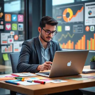 A professional social media manager sitting at a modern desk, creating engaging content on a laptop, surrounded by colorful notes and visuals. The background features social media icons and analytics charts, illustrating strategic planning and creativity in content development.