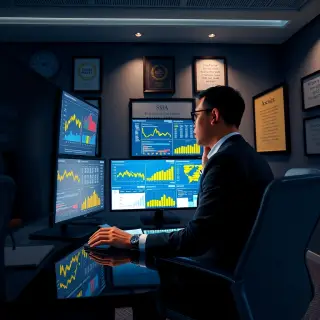 A sleek, modern office setting featuring a social media analyst reviewing data on multiple screens filled with colorful graphs and analytics. The room is illuminated with dramatic side lighting creating dynamic shadows, enhancing the focus on the analyst's engaged expression. The color palette incorporates deep blues and bright yellows, symbolizing intelligence and optimism. The perspective is from a low angle, emphasizing the screens while showcasing the professional's attentive posture. The textures of the screens, along with glass table elements, create an elegant feeling. Background elements include awards on the wall and motivational quotes framed creatively. Style references include contemporary corporate photography, rendered in ultra-detailed 8K resolution with hyperrealistic finish.