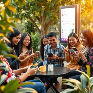 A vibrant outdoor setting where a diverse group of community managers interacts with users through smartphones and tablets, surrounded by greenery and soft sunlight. The mood is lively and welcoming, enhanced by warm tones like soft oranges and greens. The camera angle captures the group from a slightly elevated perspective, showcasing joyful interactions and engaging expressions. Textures of nature with leaves and plants contrast with the smooth screens of devices. Include props like coffee mugs and outdoor seating to imply casual, friendly networking. Background details display a digitally-imagined social media feed on a nearby public screen, reflecting community feedback. Style references evoke a candid photography approach, with 8K resolution, ensuring hyperrealistic quality.