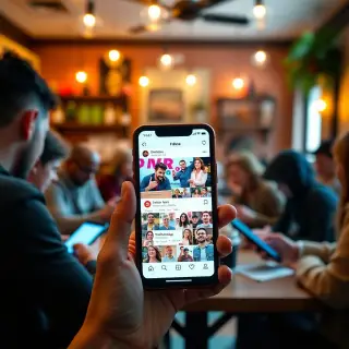  A vibrant social media feed displayed on a smartphone, showing lively interactions among users. The background features a cozy cafe setting where people are engaged with their devices, symbolizing community building through social media.
