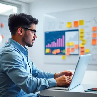  An image of a focused Social Media Management Specialist analyzing graphs and metrics on a laptop screen in a bright office. The background includes a whiteboard filled with data points and post-it notes, illustrating an emphasis on data analysis.